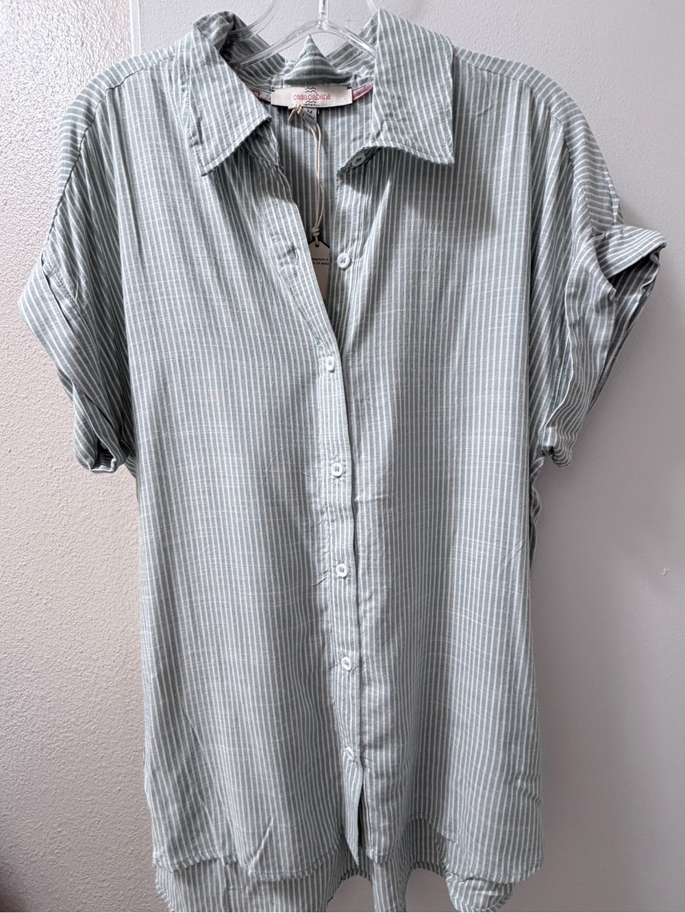 Womens Casual Short-Sleeve Button-Down Shirt in Light Green Stripe